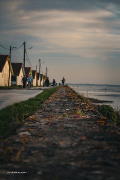 Allée de pierres bordée de maisons et vue sur un plan d'eau au crépuscule.